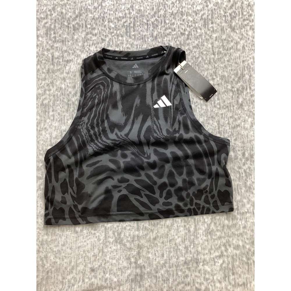 Adidas Women Min AOP Tank Grey Black Animal Print Crop Top JE6153 Small